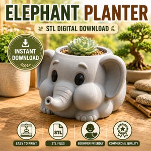 Może przedstawiać: Jasnoszara doniczka w kształcie słonia z sukulentem w środku. Tekst zawiera napisy ELEPHANT PLANTER, STL DIGITAL DOWNLOAD, INSTANT DOWNLOAD, EASY TO PRINT, STL FILES, BEGINNER FRIENDLY oraz COMMERCIAL QUALITY.
