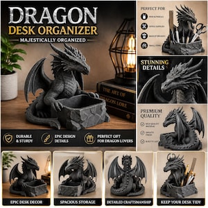 May include: A dark grey dragon desk organiser featuring a sculpted dragon with wings and a tail wrapped around a stone-textured square container. The dragon has detailed scales and horns, providing a storage space for pens, pencils, and office supplies.