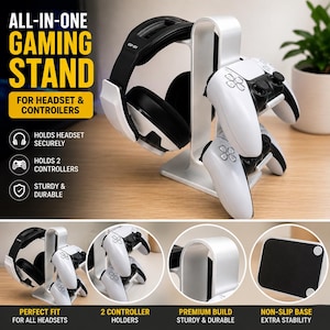 May include: A silver gaming stand designed to hold one headset and two controllers. The stand features a vertical support arm, a curved top for the headset, and two side hooks for controllers. The base is rectangular with a black non-slip pad.