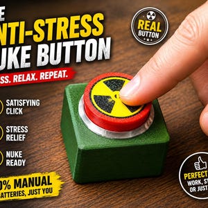 May include: A square green base with a circular red button on top featuring a yellow and black radiation symbol. The text reads: THE ANTI-STRESS NUKE BUTTON, PRESS. RELAX. REPEAT., SATISFYING CLICK, STRESS RELIEF, NUKE READY, 100% MANUAL, NO BATTERIES, JUST YOU, REAL BUTTON, PERFECT FOR WORK, STUDY OR JUST LIFE.
