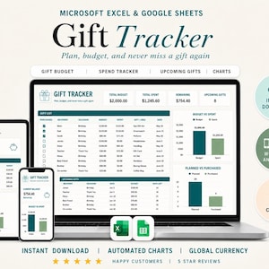 May include: A digital gift tracker spreadsheet for Microsoft Excel and Google Sheets displayed on a laptop, tablet, and smartphone. The interface features a gift list, budget versus spent data, and automated charts to track spending and upcoming gifts.