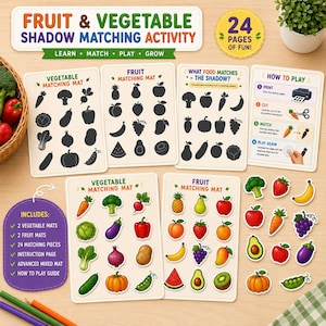 Può includere: Un set di attività di abbinamento ombre di frutta e verdura con 24 pagine stampabili. Include tappetini di abbinamento con sagome nere e ritagli di cibo colorati corrispondenti come carote, broccoli, mele e uva.