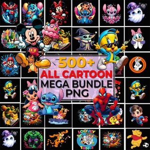 May include: A digital collection of 500+ cartoon character illustrations in PNG format, featuring various animated figures like Mickey Mouse, Spider-Man, and Stitch, with the text 500+ ALL CARTOON MEGA BUNDLE PNG displayed in the center.
