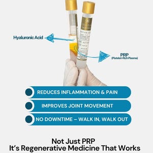 May include: Two glass vials with gold caps labeled Cellular Matrix BCT-HA, one containing Hyaluronic Acid and the other PRP. Text reads: Struggling with knee pain? Reduces inflammation & pain, improves joint movement, no downtime. Phone: 0222 222 222.