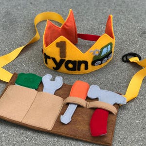 Big Truck Theme Felt Birthday Crown and Felt Tool Belt - Boys Birthday Crown - Big Machine Birthday - Construction Birthday Crown
