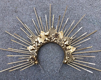 Halo Crown, Sunburst Crown, Gold Embellished Halo, Halo Headpiece, Gold Crown, Festival Crown, Sun Crown, Halo Headband, Gold Halo Crown