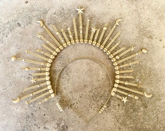 Halo Crown, Sunburst Crown, Sun Halo, MoonHalo, Sun Goddess,  Swarovski Headpiece, Gold Halo, Halo Headpiece, Goddess Crown, Gold Halo