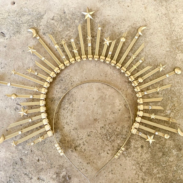 Halo Crown, Sunburst Crown, Sun Halo, MoonHalo, Sun Goddess,  Rhinestone Headpiece, Gold Halo, Halo Headpiece, Goddess Crown, Gold Halo