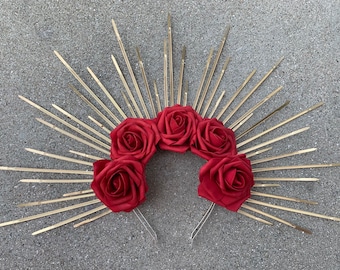 Halo Crown, Sunburst Crown, Red Rose Crown, Red Halo, RED Flower Crown, Gold Halo, Gold Halo Headpiece, Sun Goddess Halo, Goddess Crown