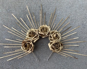 Halo Crown - Sunburst Crown - Roses Crown - Rose Halo - Gold Rose Crown - Gold Halo Headpiece - Gold Headpiece - Gold Rose Halo - Halo Crown