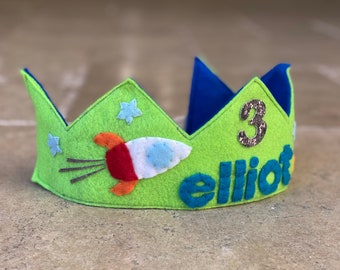 Rocketship -Space Themed Personalized Felt Birthday Crown -Outer Space - Smash Cake Crown