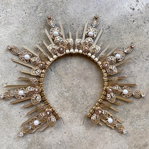 Halo Crown, Sunburst Crown, Embellished Pearl and Rhinestone, Gold Halo, Sunburst Crown, Sunburst Halo Crown, Sun Goddess Crown, Sun Goddess