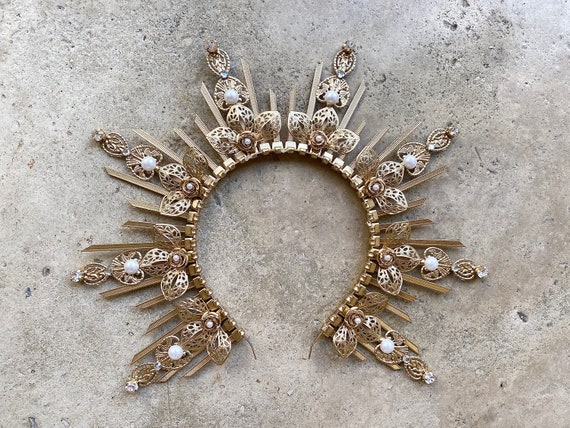 Halo Crown Sunburst Crown Embellished Pearl Rhinestone Gold Halo Sunburst Crown Sunburst Halo Crown Sun Goddess Crown Sun Goddess