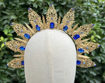 Halo Crown, Sunburst Crown, Embellished Metal Halo, Sapphire Halo, Gold Halo, Sun Goddess Crown, Sunburst Halo, Halo Headpiece, Goddess Halo