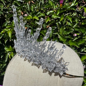 May include: A clear, crystalline crown featuring tall, icicle-like spikes and intricate, star-shaped snowflake accents. The structure is covered in a fine, silver glitter finish, creating a textured, sparkling appearance across the entire headpiece.