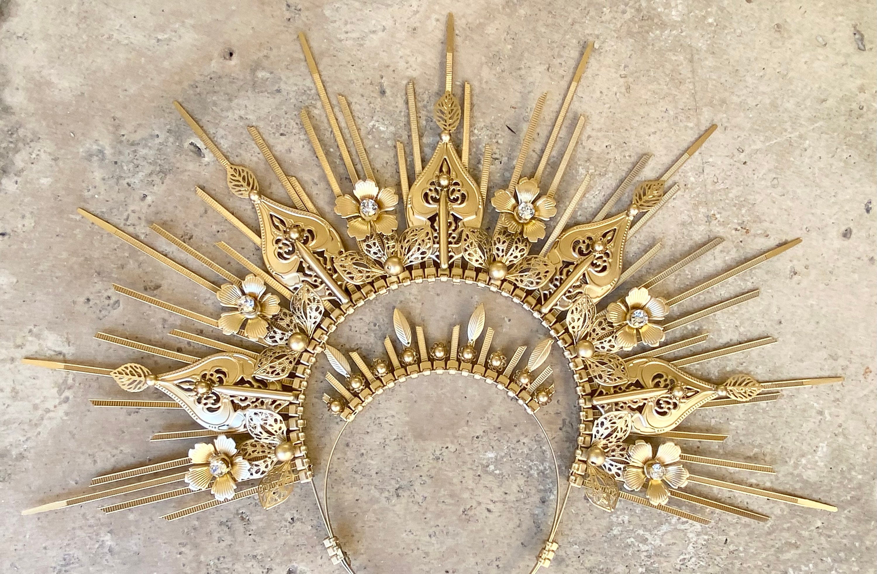 Goddess Sun Crown Headpiece With Earrings - Gold Celestial Tiara Set For Women