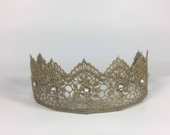 Elegant Antique Gold Lace Crown with Swarovski Crystal - Gold Lace Tiara - Smash Cake Crown - Photo Prop