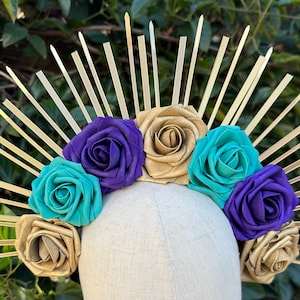 Corona Halo, Corona Sunburst, Corona di Mardi Gras, Corona di Mardi Gras Halo Copricapo di Mardi Gras Halo, Corona di rose di Mardi Gras Corona di fiori Corona di rose rosse