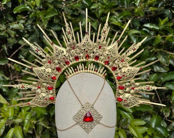 Red Halo Crown, Sunburst Crown, Embellished Customizable, Gold Halo, Halo Headpiece, Gold Crown, Festival Crown, Sun Crown, Halo Headband