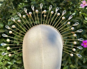 LARGE Pearl and Crystal Halo Crown - Sunburst Crown  - Bridal Crown - Met Gala Crown - Pearl Crown - Pearl Tiara