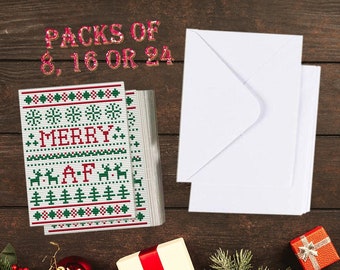 PACK OF 8, 16 or 24 - Merry A.F. - Pack of Christmas Greeting Cards , funny, modern, irreverent, cross stitch style