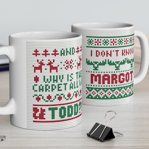 Férias de Natal - Por que o tapete está todo molhado, Todd? Não conheço Margot! Caneca de cerâmica estilo ponto cruz 11 onças