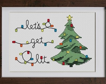 Let's Get Lit 4x6 CROSS STITCH PATTERN pdf, Christmas tree, cute, funny, easy, diy project, gift