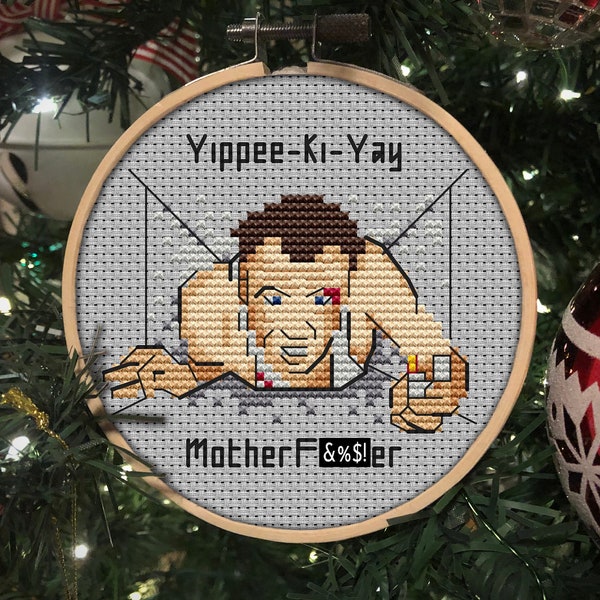 Die Hard CROSS STITCH PATTERN pdf - John McClane, Yippee-Ki-Yay Mother f***er! Easy, fun and quick diy 4” ornament with alt., clean version