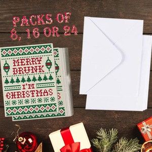 PACK DE 8, 16 ou 24 - Joyeux Drunk, I'm Christmas - Pack de cartes de vœux de Noël - style drôle, moderne, irrévérencieux, point de croix