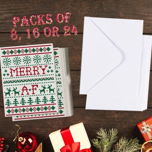 PACK DE 8, 16 ou 24 - Merry A.F. - Pack de cartes de vœux de Noël, drôle, moderne, irrévérencieux, style point de croix