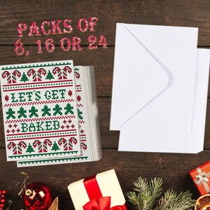PACK DE 8, 16 ou 24 - Let's Get Baked - Pack de cartes de vœux de Noël - style drôle, moderne, irrévérencieux, point de croix
