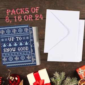PACK DE 8, 16 ou 24 - Up to Snow Good - Pack de cartes de vœux de Noël - style drôle, moderne, irrévérencieux, point de croix