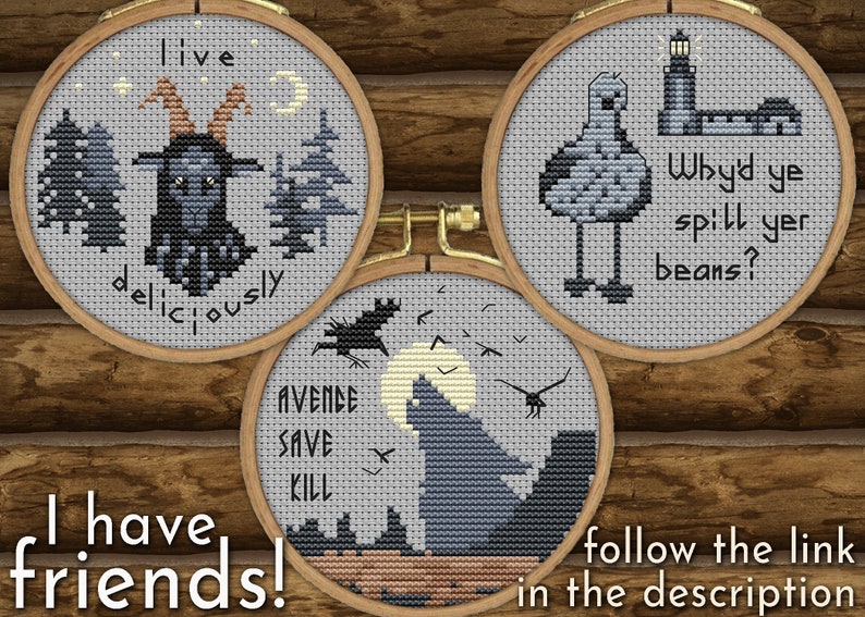 May include: Three embroidery hoops with different designs. The first hoop features a black goat with the text "live deliciously". The second hoop features a black bird with the text "avende save kill". The third hoop features a grey seagull with the text "Why'd ye spill yer beans?".
