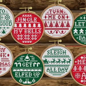 Silly Christmas Sampler 4" Ornaments Combo CROSS STITCH PATTERNS pdf - Fun, Fast, Easy, Beginner, Funny, diy