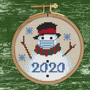 A Very Covid Christmas 2020 Ornament Snowman Cross Stitch Pattern PDF mask, coronavirus, quarantine, pandemic, gift, diy, 画像 1