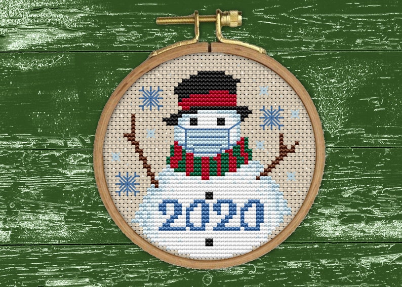 A Very Covid Christmas 2020 Ornament Snowman Cross Stitch Pattern PDF mask, coronavirus, quarantine, pandemic, gift, diy, 画像 1