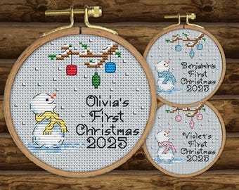 Baby&#39;s First Christmas - Customizable and Personalized 4&quot; CROSS STITCH PATTERNS pdf - 2025 Snowman - Pink, Blue and Yellow versions included