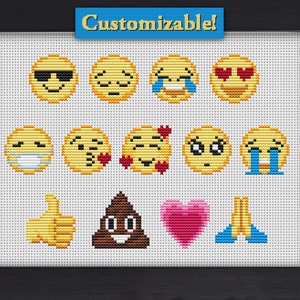 May include: A framed cross-stitch featuring various emoji designs, including sunglasses, hearts for eyes, crying, and thumbs up. The word "Customizable!" is displayed above the emojis. The frame is black.
