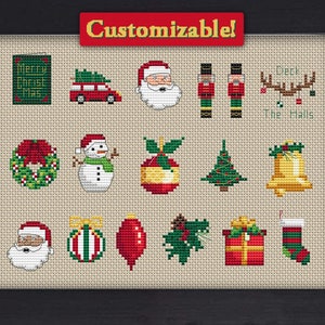 May include: A customizable cross-stitch pattern featuring a variety of Christmas-themed images, including Santa Claus, a snowman, a wreath, a Christmas tree, a bell, a gift, a stocking, and a reindeer. The pattern is printed on a beige background with the word "Customizable!" at the top.