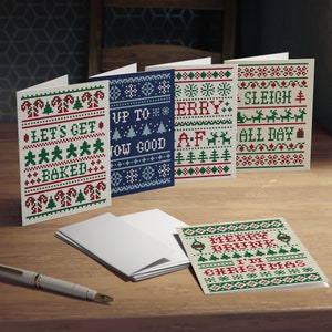 Pack of 5 unique, funny, cross-stitch style Christmas cards