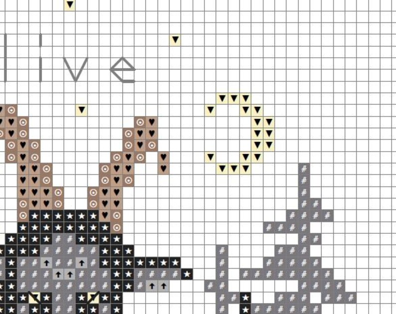 May include: Cross stitch pattern featuring a black and white illustration of a deer with antlers, a crescent moon, and the word "live".