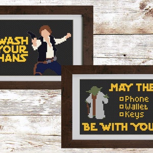 PATRONES DE PUNTO DE CRUZ DE Star Wars pdf - Lávate las manos + Que las llaves de la billetera del teléfono te acompañen - Fácil, divertido, excelentes regalos, decoración del hogar