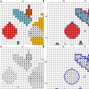 May include: A four-panel grid showing a cross-stitch pattern design on a white graph paper background. The pattern features geometric shapes filled with symbols like Z, X, arrows, circles, and slashes in red, blue, orange, and black ink.