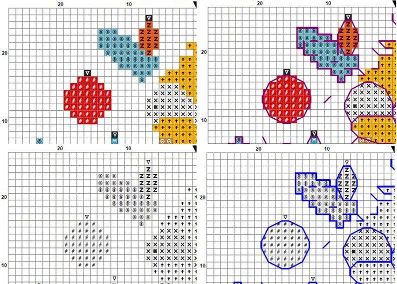 May include: A four-panel grid showing a cross-stitch pattern design on a white graph paper background. The pattern features geometric shapes filled with symbols like Z, X, arrows, circles, and slashes in red, blue, orange, and black ink.