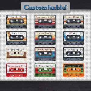 Little Vintage Cassette Tapes Pacote de variedades PERSONALIZÁVEL - Padrões de ponto cruz PDF - Mini, rápido, fácil, iniciante, retrô, diy, obrigado