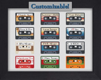 Paquete variado PERSONALIZABLE de pequeñas cintas de casete vintage: patrones de punto de cruz en PDF: mini, rápido, fácil, para principiantes, retro, bricolaje, gracias