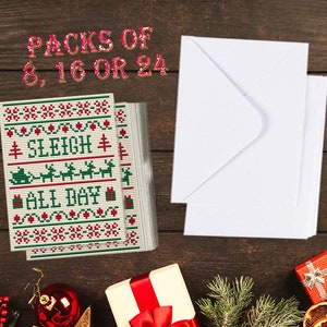 PACK DE 8, 16 ou 24 - Sleigh All Day - Pack de cartes de vœux de Noël - style drôle, moderne, irrévérencieux, point de croix