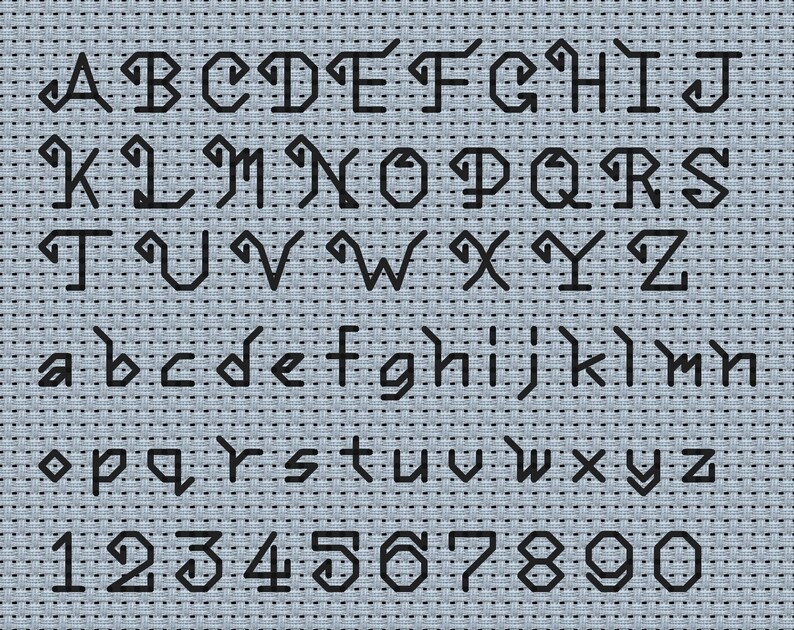 May include: A complete alphabet of uppercase and lowercase letters plus numbers zero through nine, rendered in a black geometric, angular font style. The characters are displayed in rows against a light blue, textured fabric background.