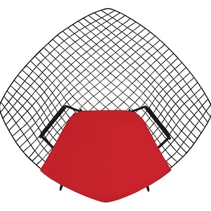 May include: A black wire chair with a red cushion. The chair has a diamond-shaped wire frame.