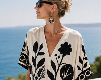 Abito caftano da donna nero a fiori, tunica estiva bohémien, completo da spiaggia bianco ricamato, maxi abito ampio e svolazzante